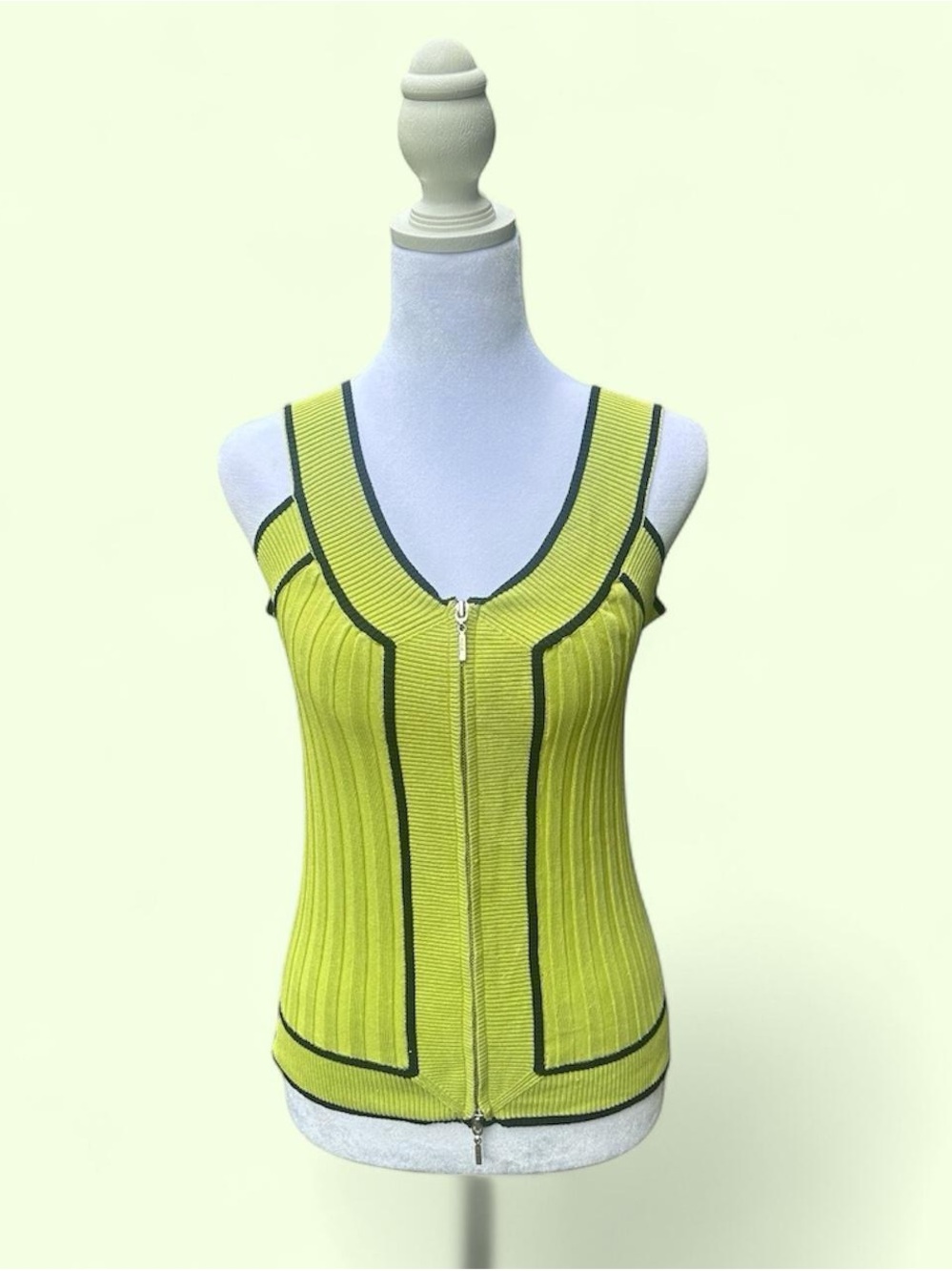 Cache Lime Green Ribbed Zip-Front Tank with Contrast Trim